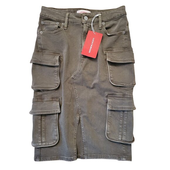 Lucky Brand Olive Green Cargo Pencil Skirt 00/24 Utility Pockets New Front Slit - Picture 2 of 8